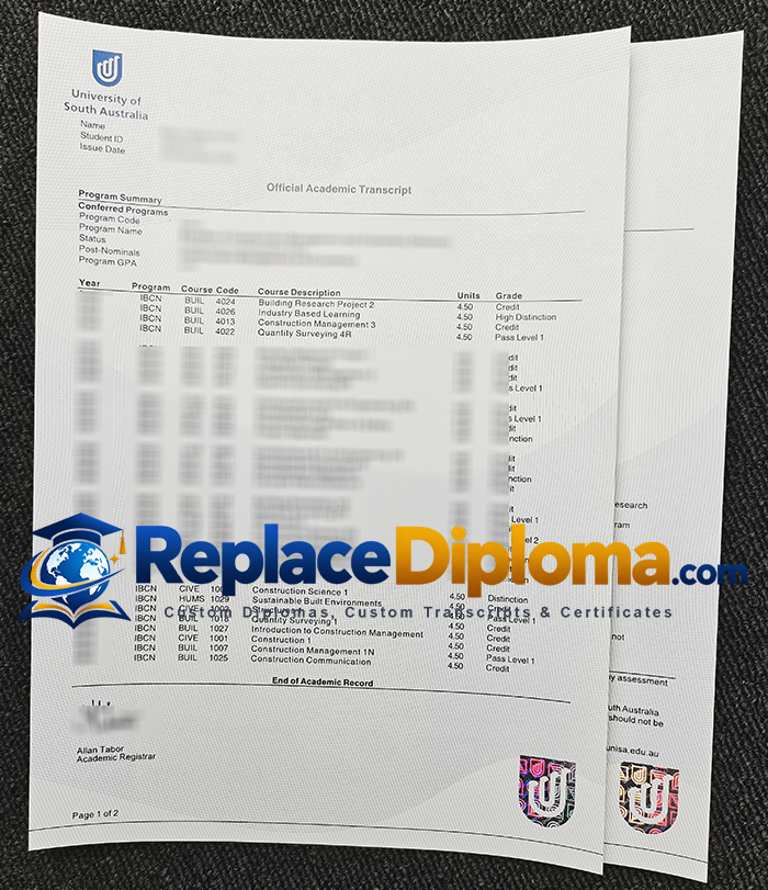 University of South Australia official academic transcript sample