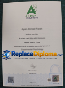 Arden University Degree Sample with a Blue Patterned Border Below Arden University Degree