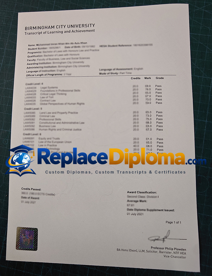 Birmingham City University Transcript