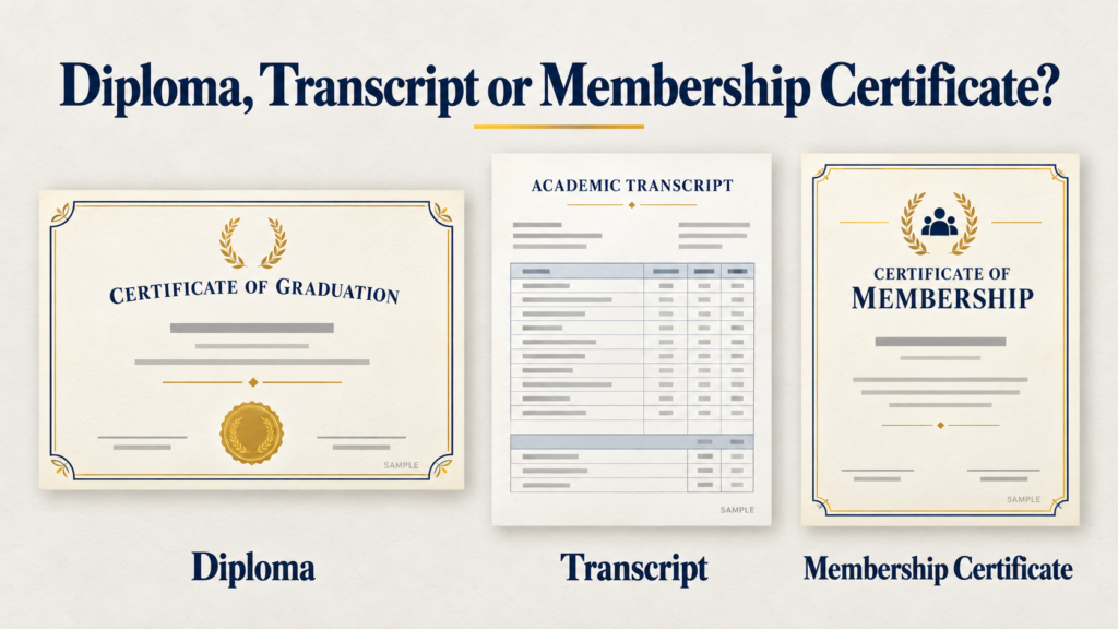 Diploma, transcript and membership certificate illustrations displayed side by side