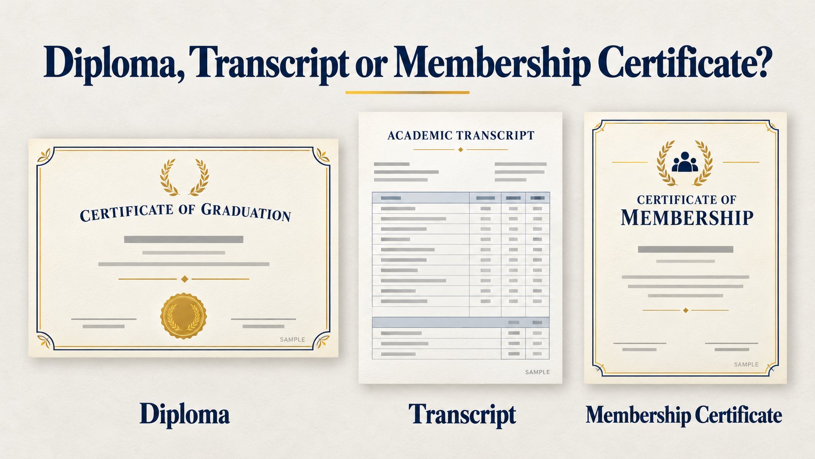 Diploma, transcript and membership certificate illustrations displayed side by side