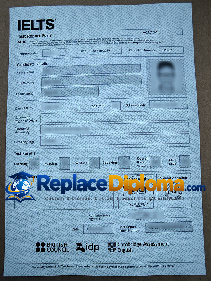 IELTS Transcript Sample Form with Individual Skill Scores