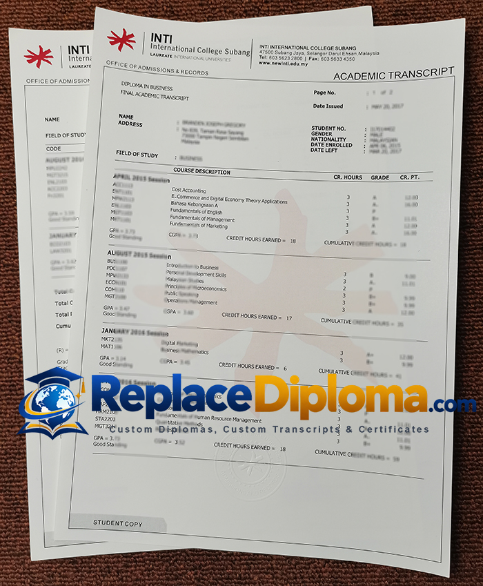 INTI International College Subang transcript